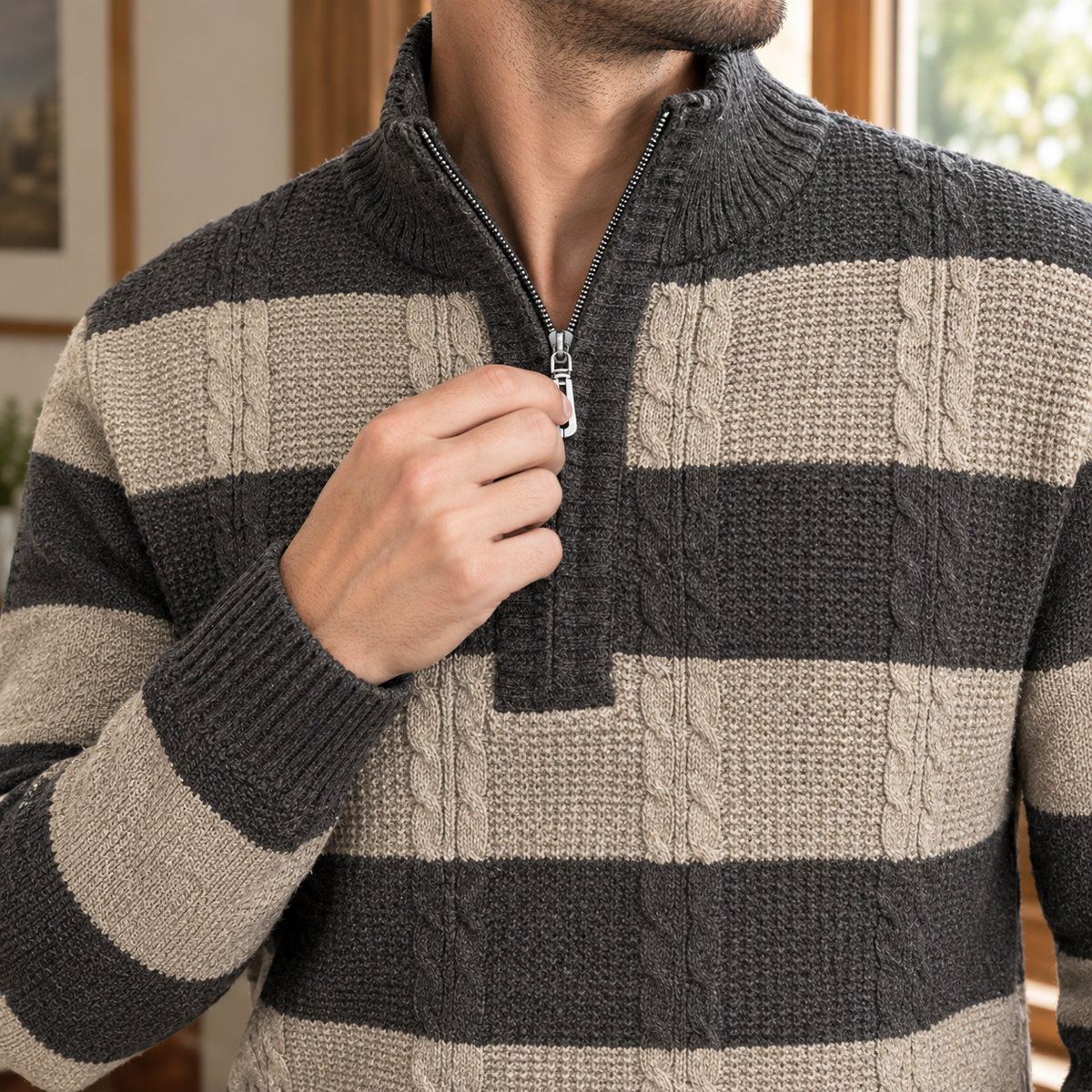 Men's Striped Half Zip Sweater | Textured Knit, Cable Detail, Relaxed Fit product photo 2