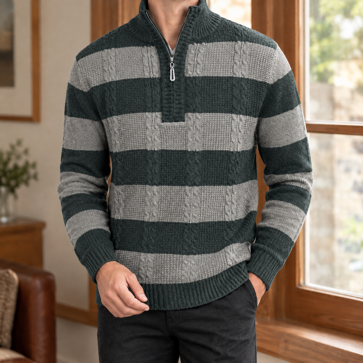 Men's Striped Half Zip Sweater | Textured Knit, Cable Detail, Relaxed Fit product photo 4