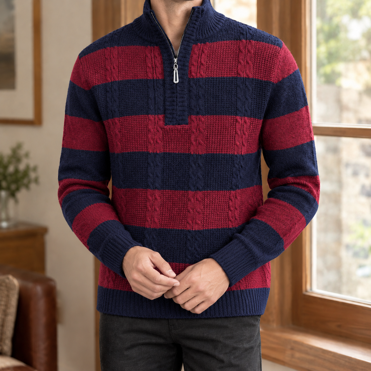 Men's Striped Half Zip Sweater | Textured Knit, Cable Detail, Relaxed Fit product photo 5