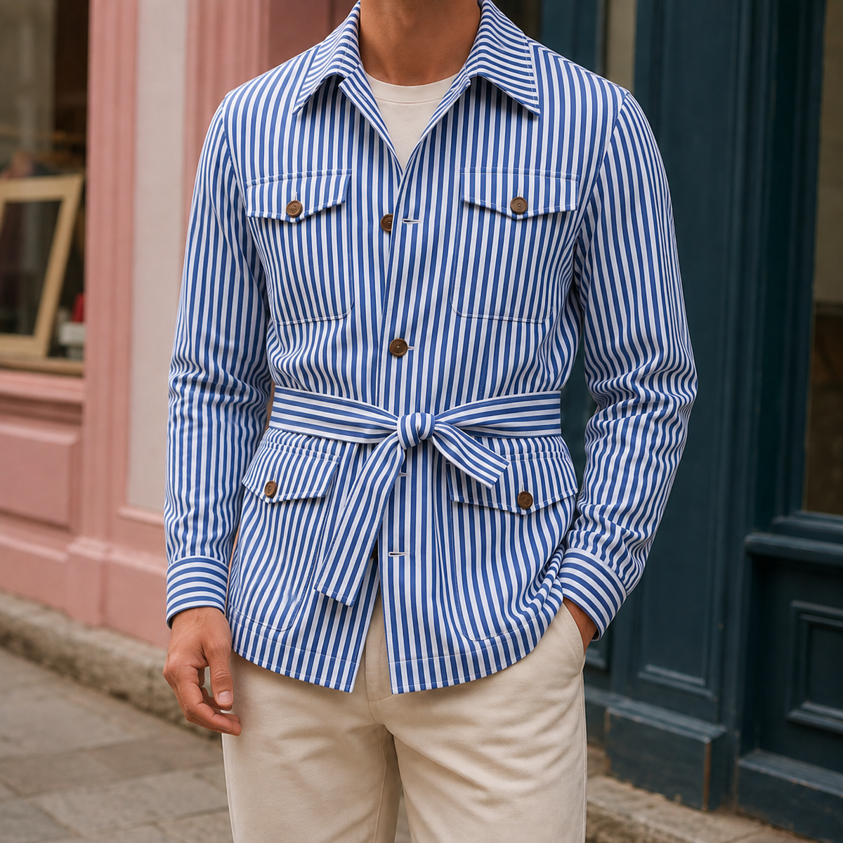 Men's Striped Safari Jacket | Belted Four Pocket Layer, Multiple Colors, Everyday Outerwear product photo 2