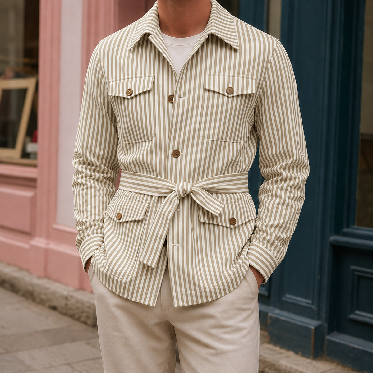 Men's Striped Safari Jacket | Belted Four Pocket Layer, Multiple Colors, Everyday Outerwear product photo 3