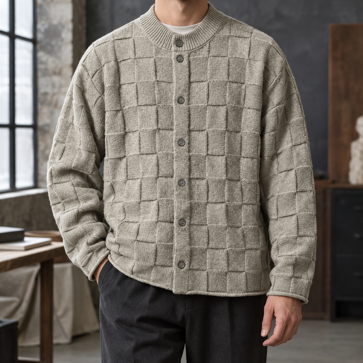 Men's Textured Knit Cardigan | Stand Collar Button Front, Relaxed Layering product photo 1