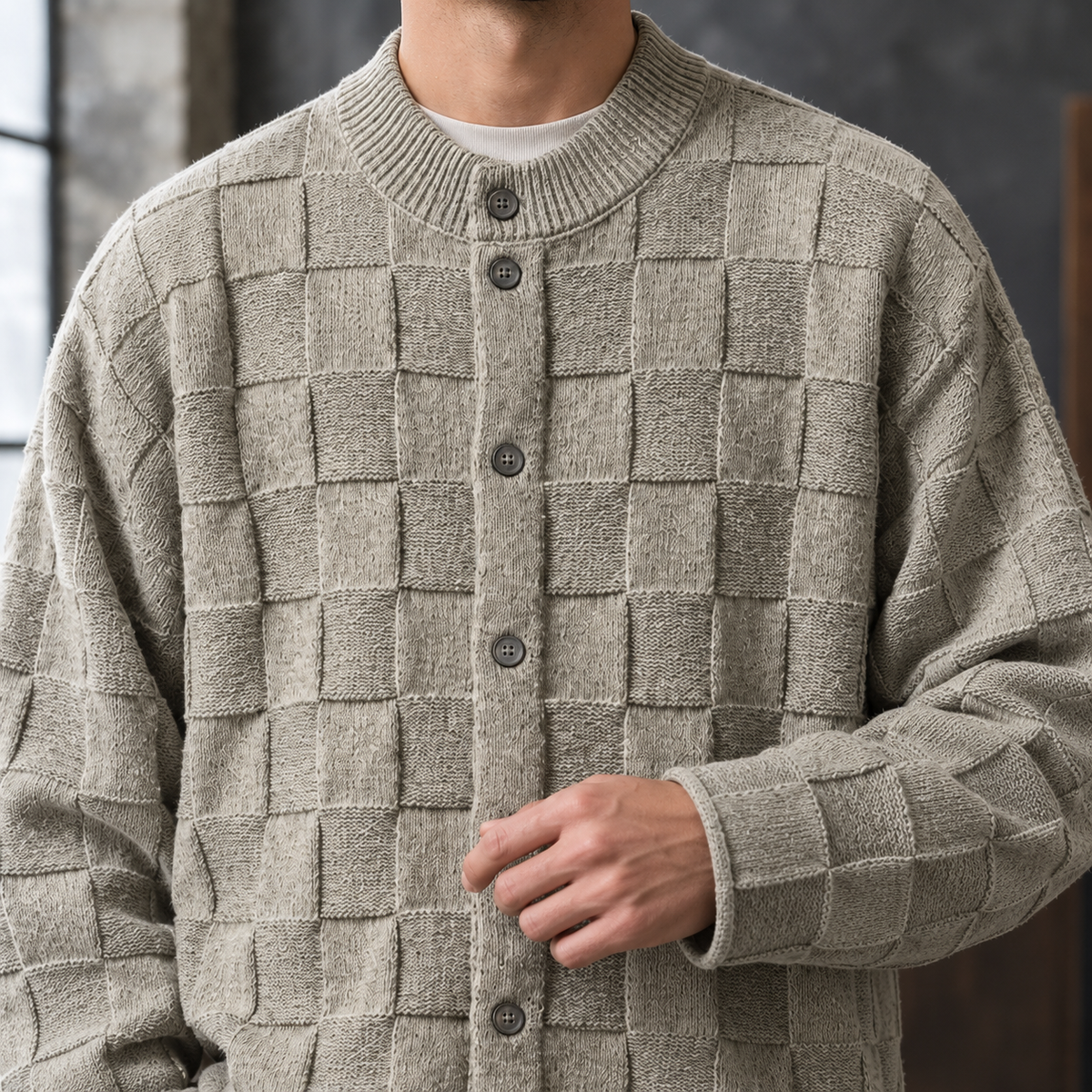 Men's Textured Knit Cardigan | Stand Collar Button Front, Relaxed Layering product photo 2