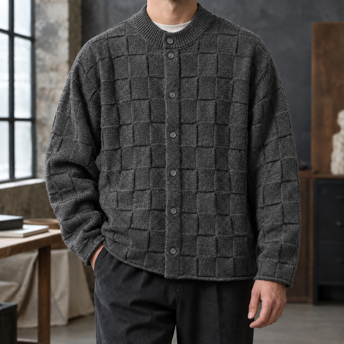 Men's Textured Knit Cardigan | Stand Collar Button Front, Relaxed Layering product photo 3
