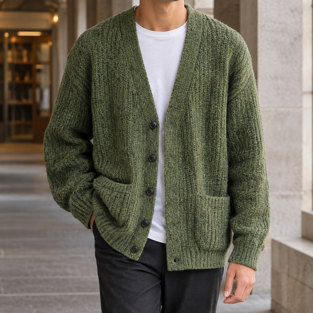 Men's Textured V Neck Cardigan | Five Button Front, Patch Pockets, Relaxed Layering product photo 1