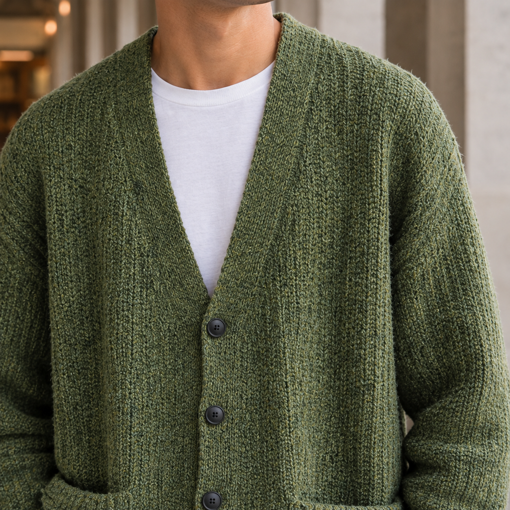 Men's Textured V Neck Cardigan | Five Button Front, Patch Pockets, Relaxed Layering product photo 2