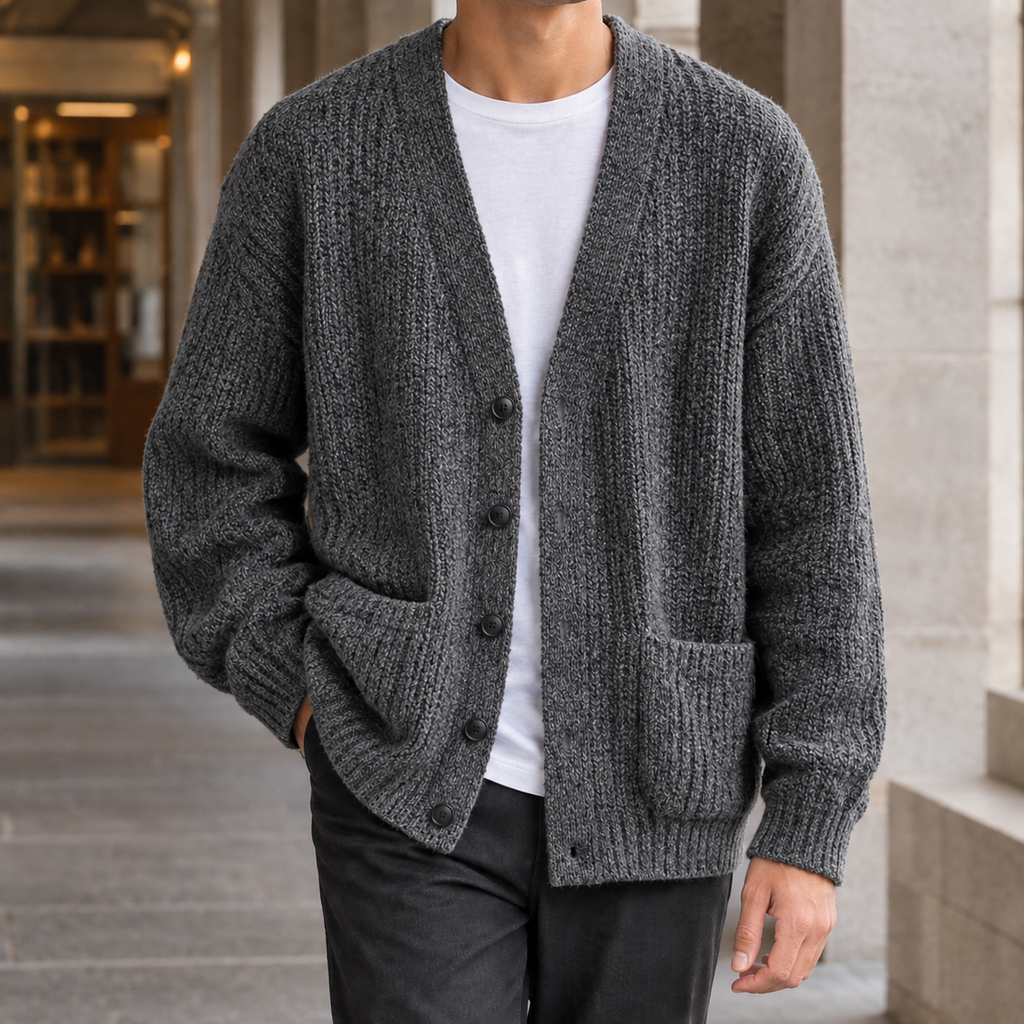 Men's Textured V Neck Cardigan | Five Button Front, Patch Pockets, Relaxed Layering product photo 4