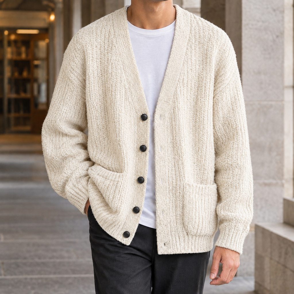 Men's Textured V Neck Cardigan | Five Button Front, Patch Pockets, Relaxed Layering product photo 5