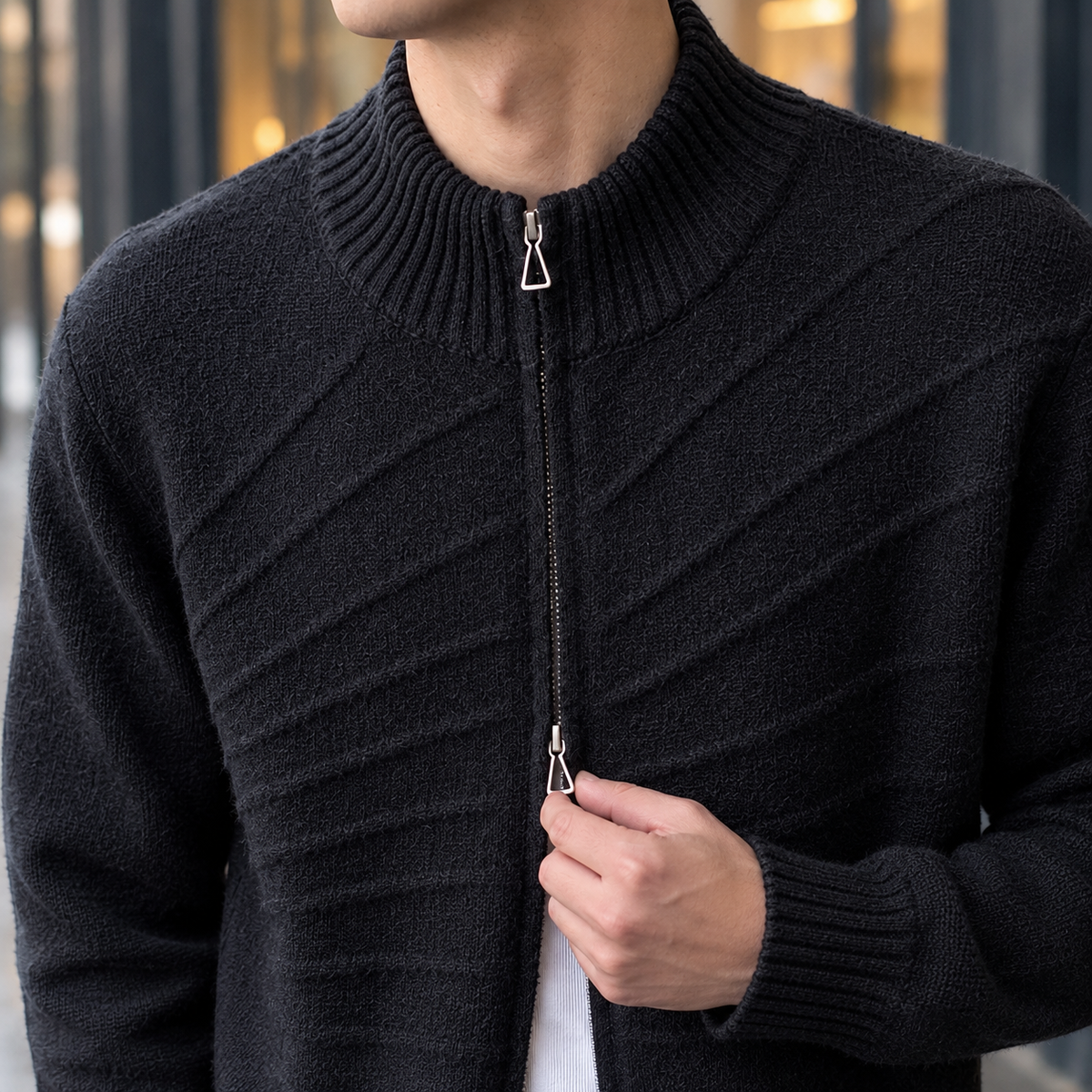 Men's Textured Zip Cardigan | Stand Collar, Two Way Zip, Relaxed Fit product photo 2