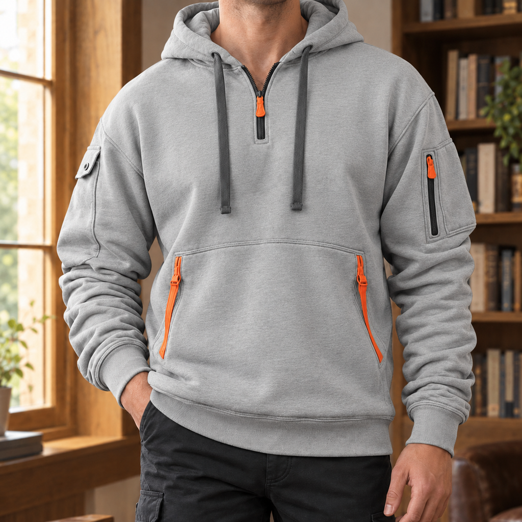Men's Utility Half Zip Hoodie | Drawcord Hood, Three Pockets, Textured Knit product photo 5