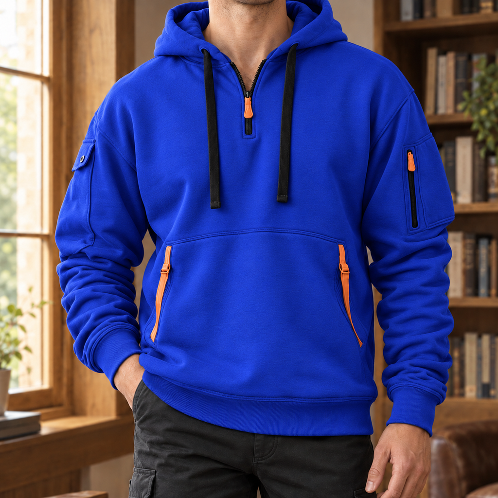 Men's Utility Half Zip Hoodie | Drawcord Hood, Three Pockets, Textured Knit product photo 6