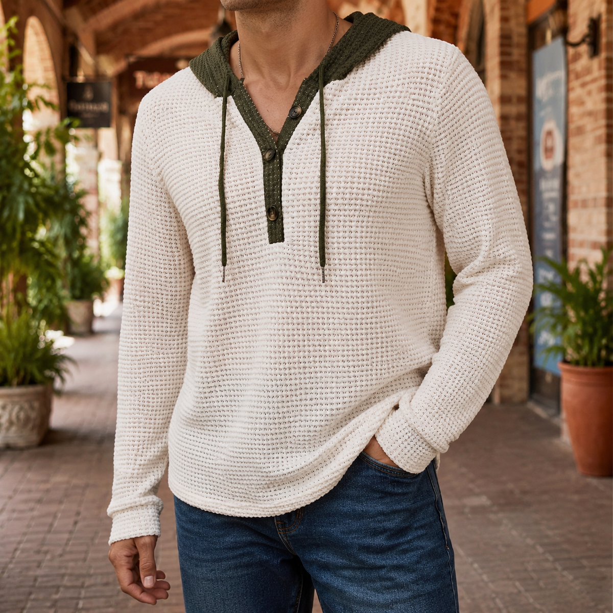 Men's Waffle Knit Hooded Sweater | Contrast Hood, Button Placket, Relaxed Fit product photo 1