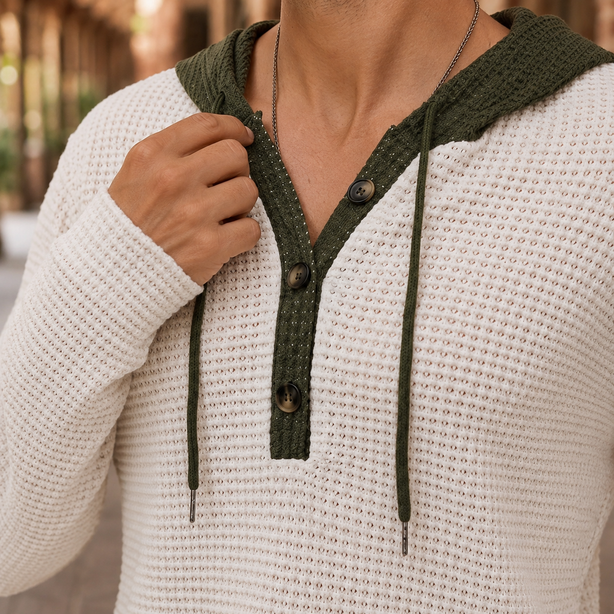 Men's Waffle Knit Hooded Sweater | Contrast Hood, Button Placket, Relaxed Fit product photo 2