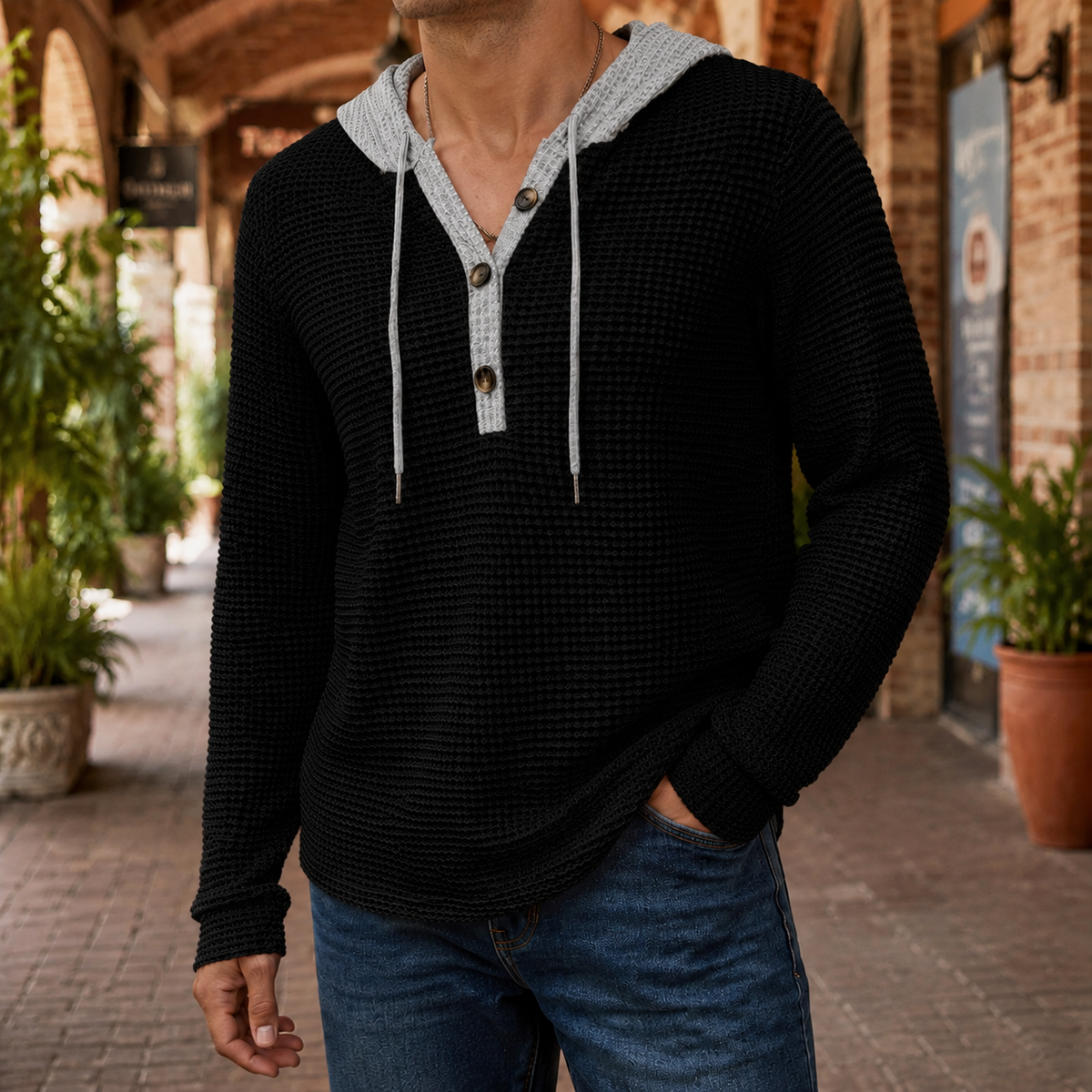 Men's Waffle Knit Hooded Sweater | Contrast Hood, Button Placket, Relaxed Fit product photo 3