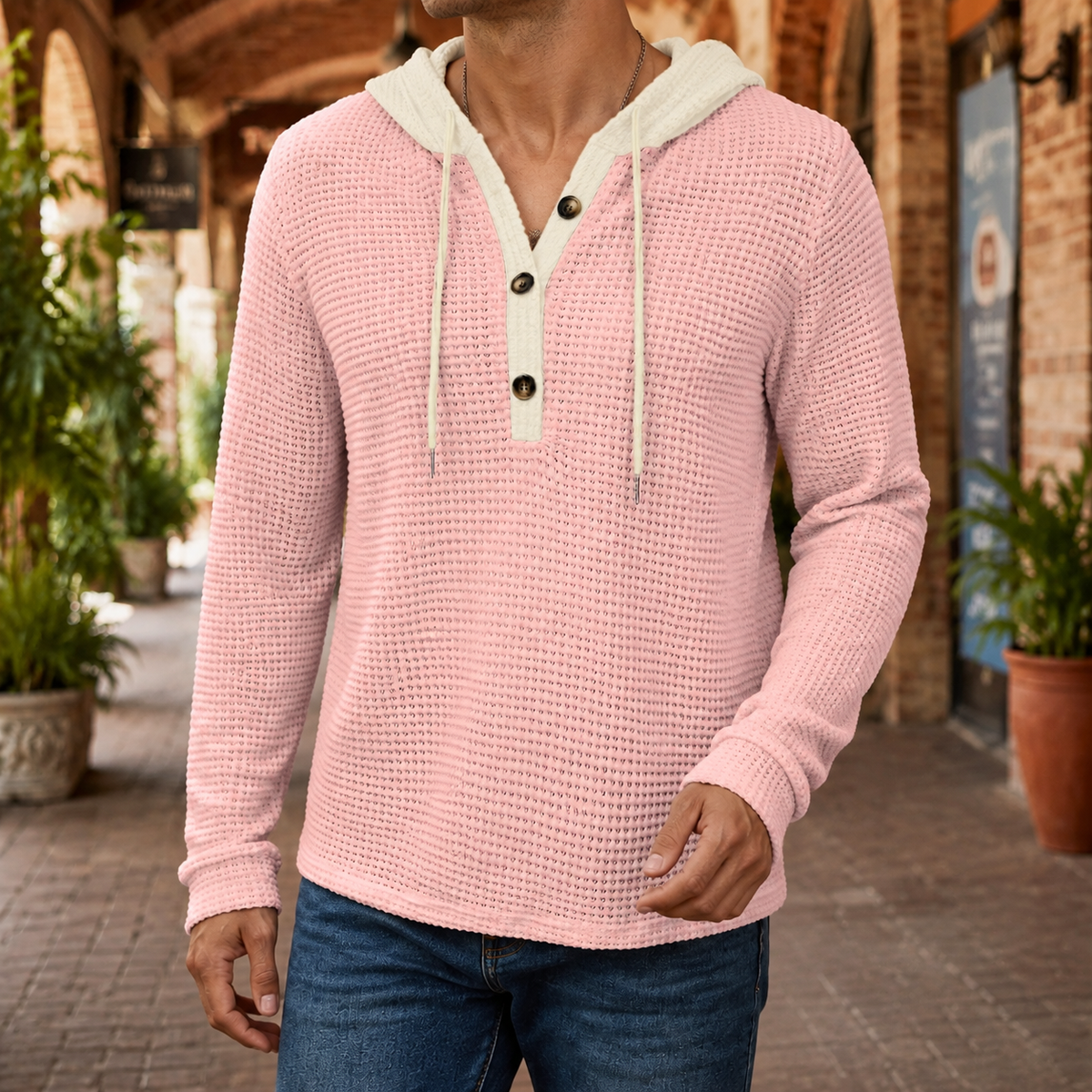 Men's Waffle Knit Hooded Sweater | Contrast Hood, Button Placket, Relaxed Fit product photo 4